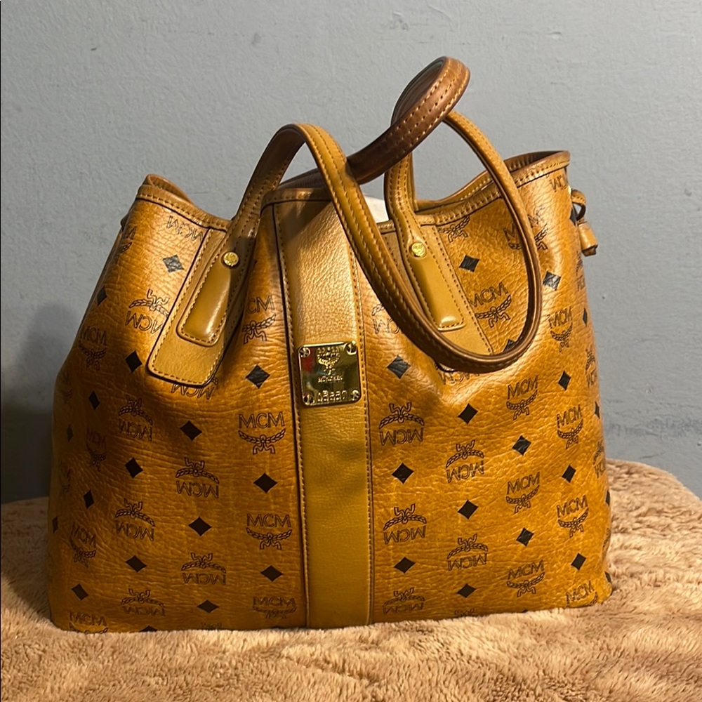 ❌❌SOLD❌❌.   MCM Tan Monogram Tote Bag with Structured Design